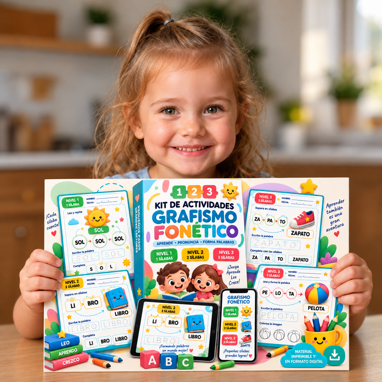 Niña con las actividades del kit